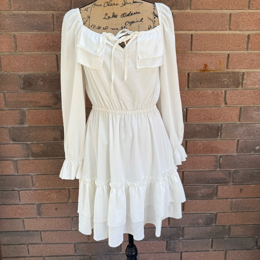 White Long Sleeve Ruffle Tiered Mini Dress with Square Neck